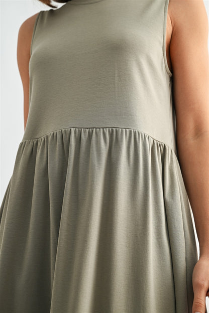 Olive knit tank midi dress. T-shirt neck with pockets. 