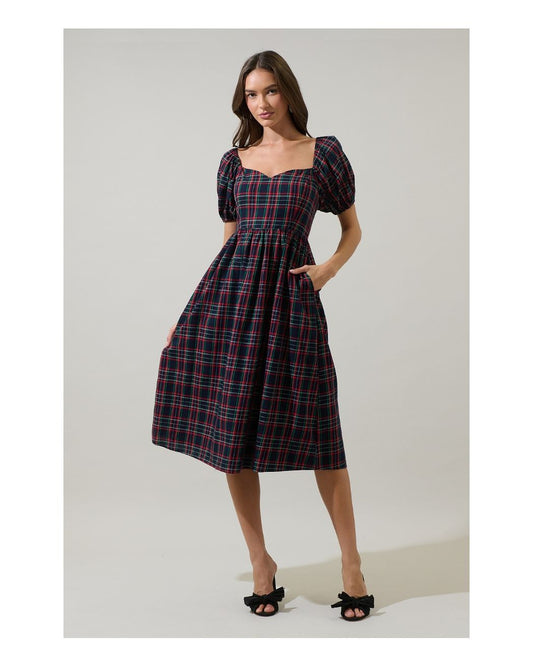 A women's navy multi plaid midi dress featuring short puff sleeves, a sweetheart neckline, a fitted waist, and deep side pockets.