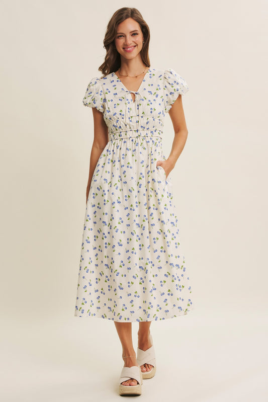 V-neck dress with puff sleeves, defined waist, pockets, and blueberry print. 
