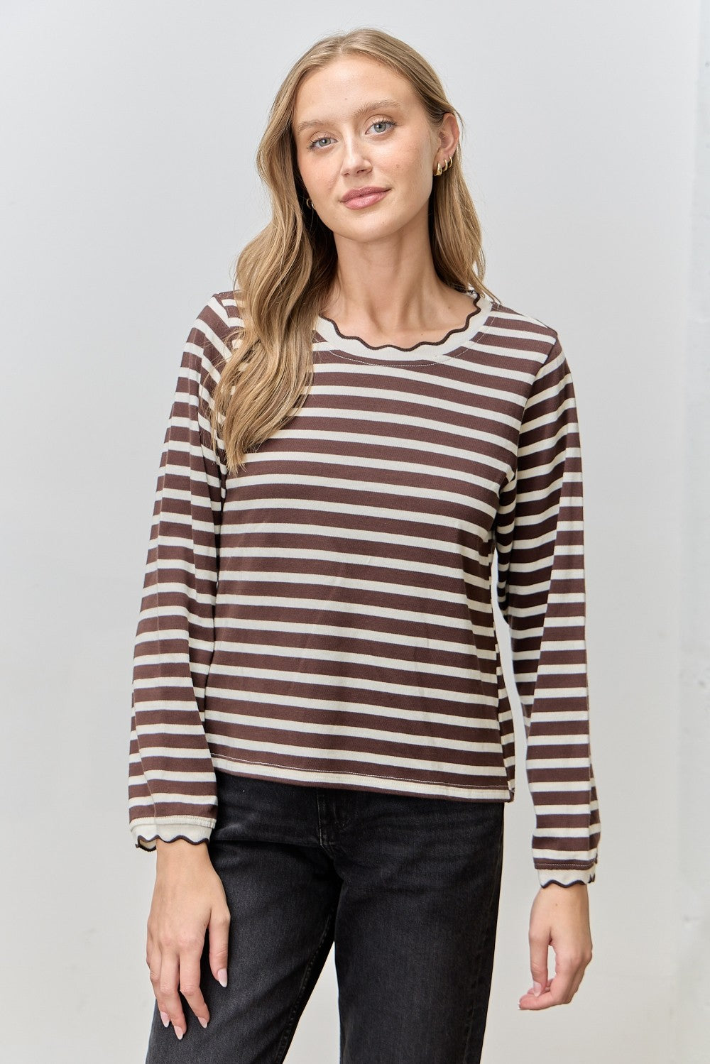 The Rhea Long Sleeve Top in Brown Stripe