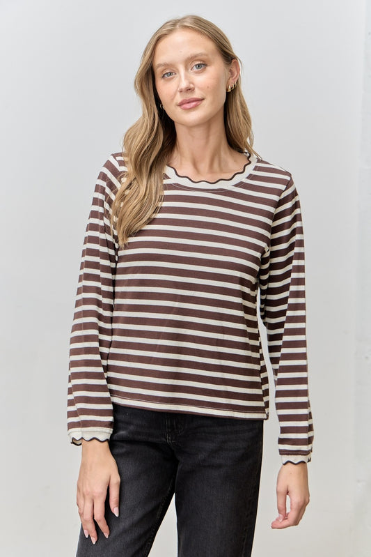 The Rhea Long Sleeve Top in Brown Stripe