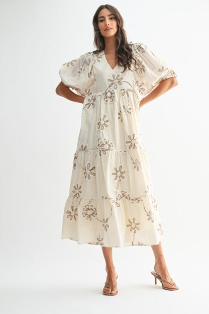 The Katarine Floral Embroidered Dress in Cream + Mocha