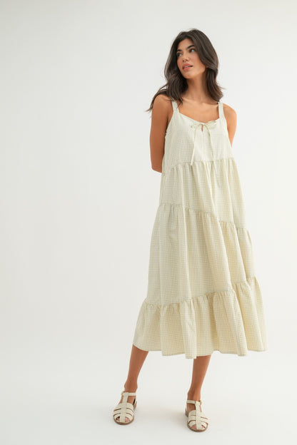 The Dinah Tiered Plaid Dress in Cream + Taupe