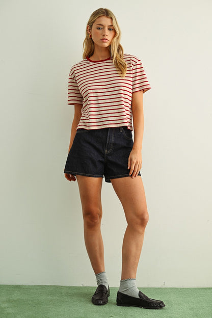 The Azaria Striped Cropped Tee in Red + Cream