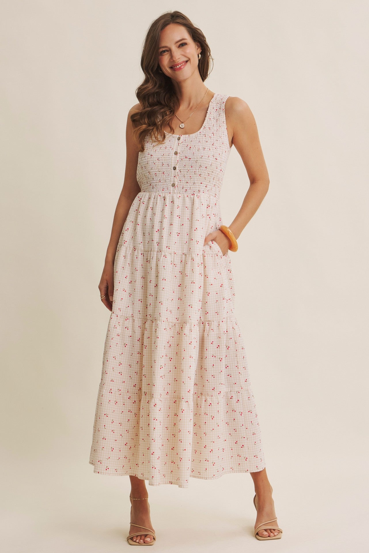 The Rooney Cherry Gingham Midi Dress in Biscuit