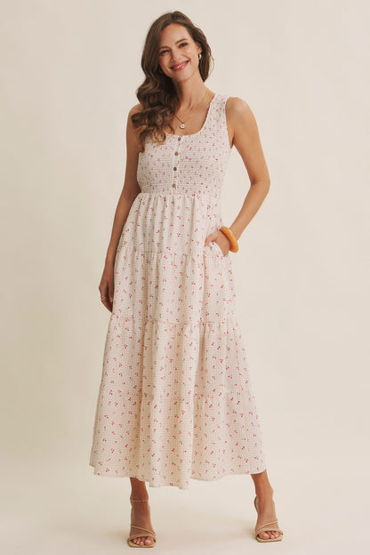The Rooney Cherry Gingham Midi Dress in Biscuit