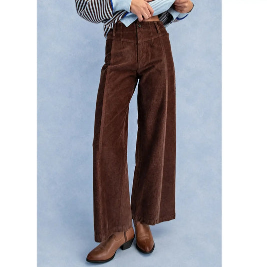 Women's vintage mocha brown corduroy wide-leg pants featuring a high-rise front yoke waistband, stitched vertical front seams, and a relaxed straight-wide silhouette.