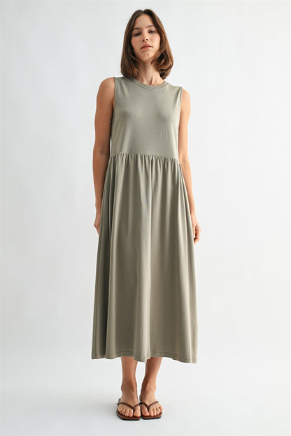 Olive knit tank midi dress. T-shirt neck with pockets. 