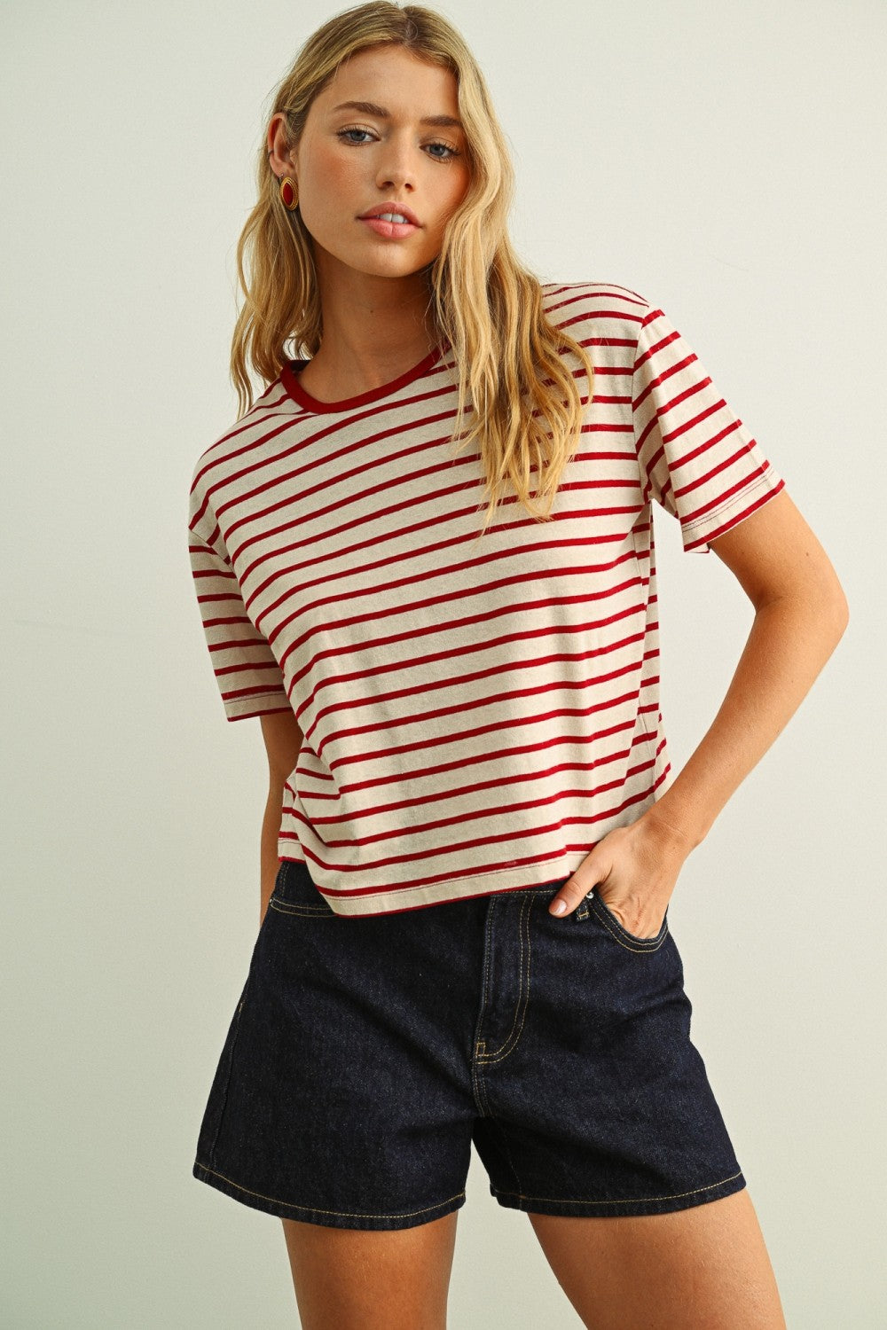 The Azaria Striped Cropped Tee in Red + Cream