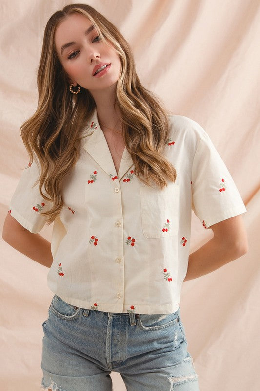 The Arlene Floral Embroidered Button Down Top in Cream