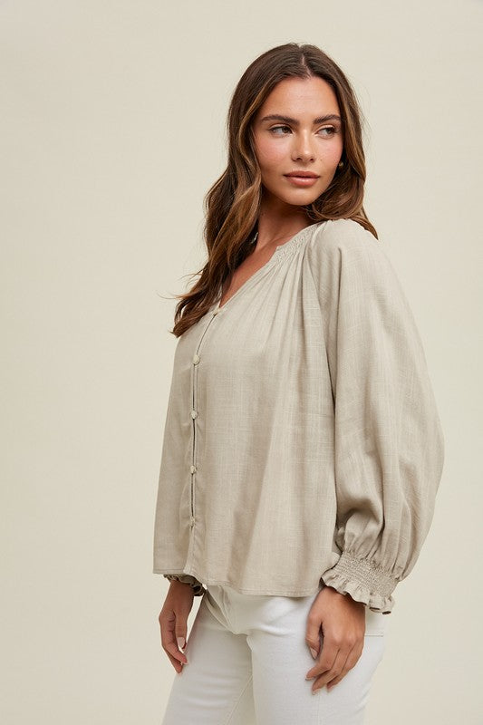 The Tessa Button-Up Blouse in Stone