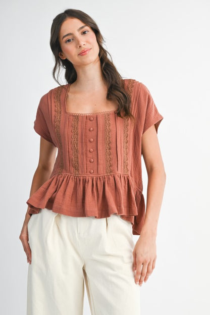 The Benny Lace Trim Button-Up Blouse in Terracotta