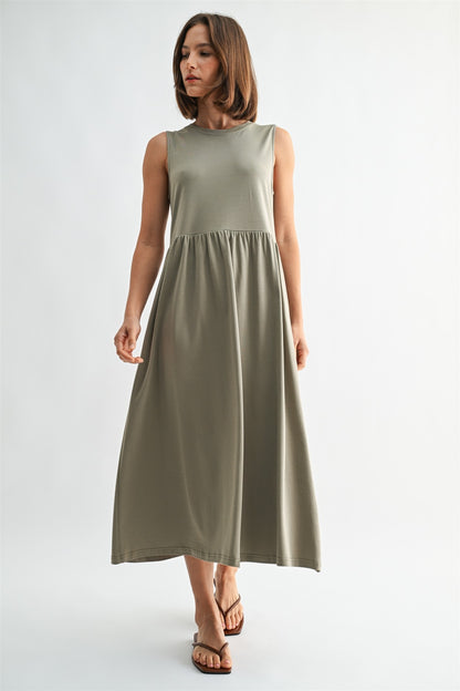 Olive knit tank midi dress. T-shirt neck with pockets. 
