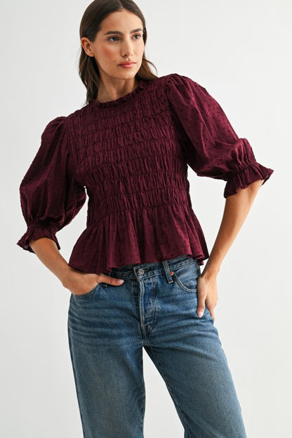 The Romy Smocked Top in Burgundy