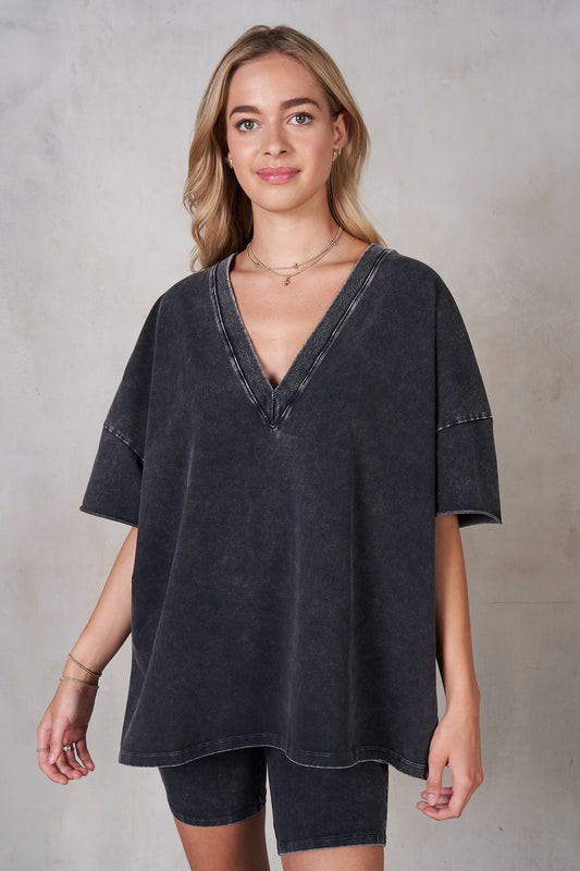 The Lottie V-Neck Drop Sleeve Tee in Charcoal