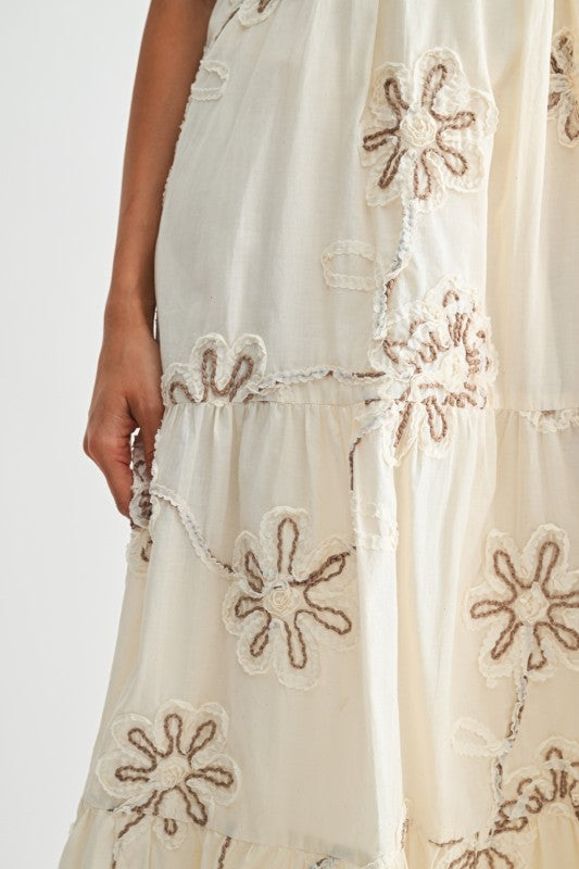 The Katarine Floral Embroidered Dress in Cream + Mocha