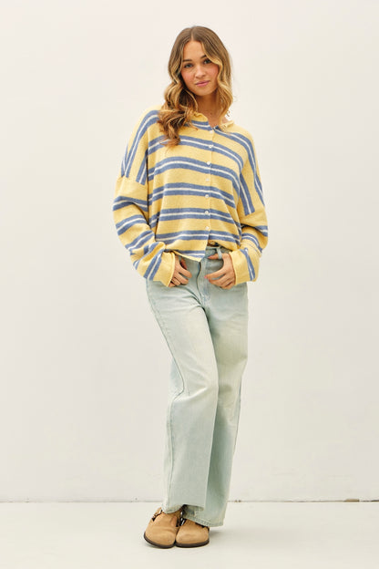 Soft knit varsity striped long sleeve cardigan in honey yellow, blue, and white. Raw edges 