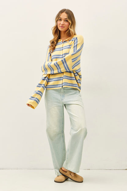 Soft knit varsity striped long sleeve cardigan in honey yellow, blue, and white. Raw edges 
