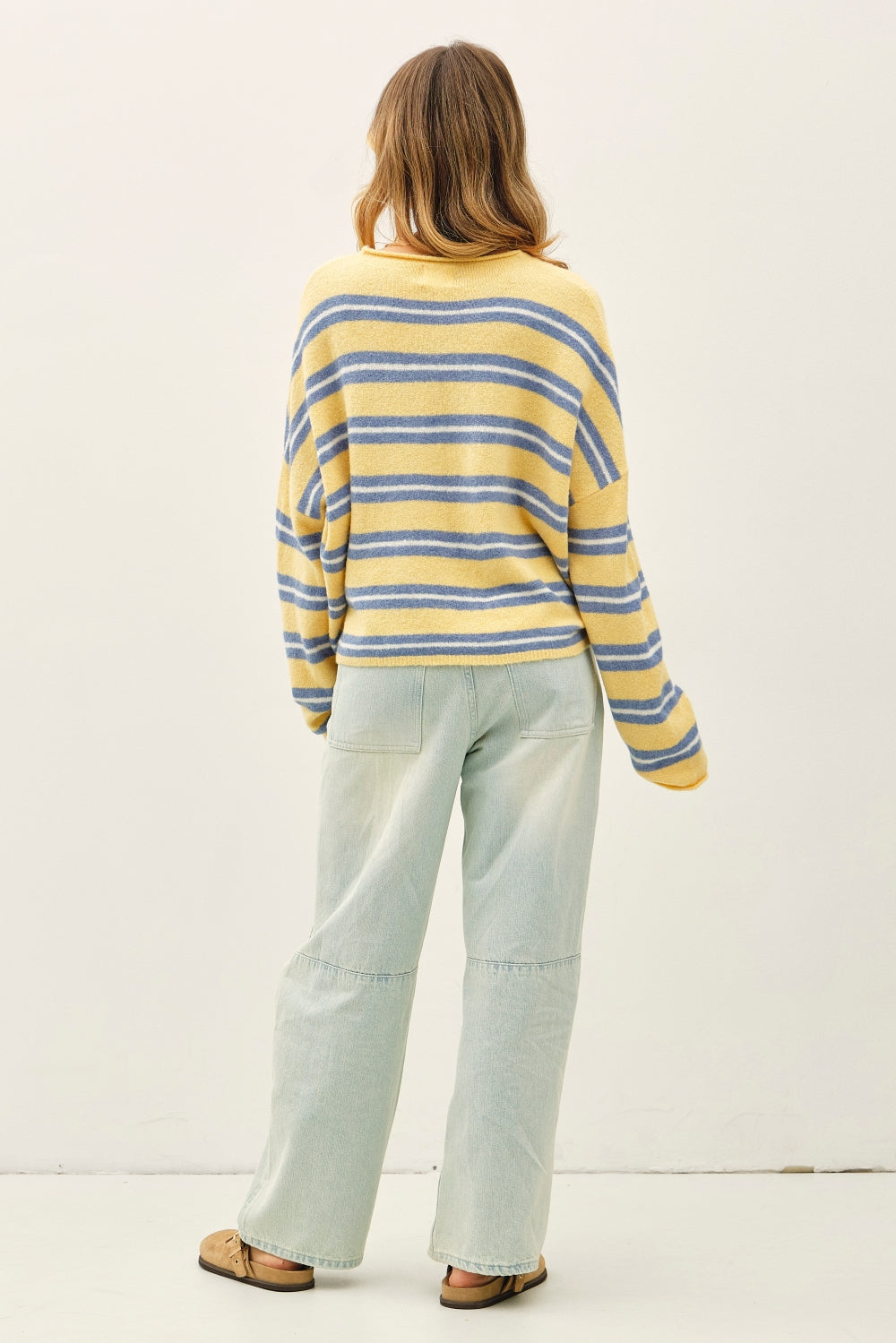 Soft knit varsity striped long sleeve cardigan in honey yellow, blue, and white. Raw edges 