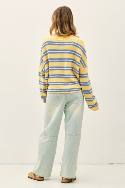 Soft knit varsity striped long sleeve cardigan in honey yellow, blue, and white. Raw edges 