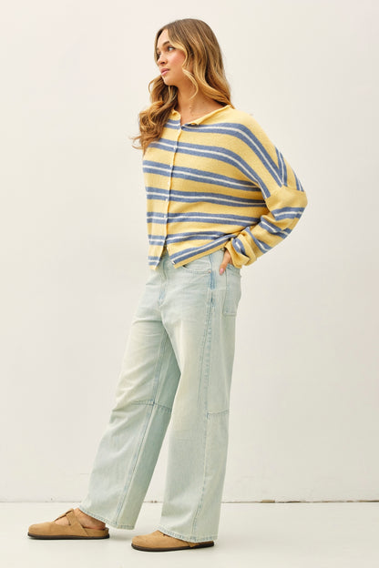 Soft knit varsity striped long sleeve cardigan in honey yellow, blue, and white. Raw edges 