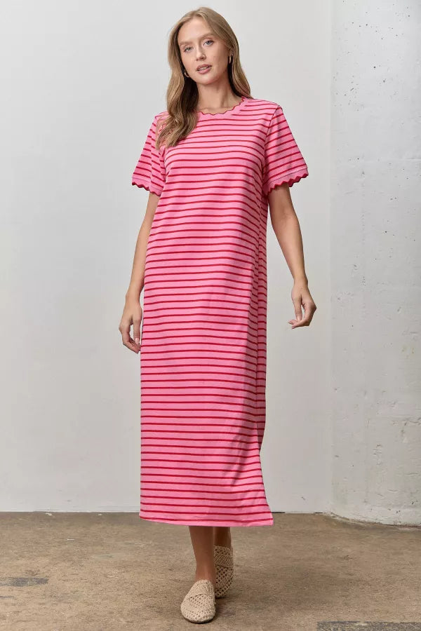 A short-sleeve striped midi t-shirt dress in pink and red featuring a classic crew neckline with scalloped trim and matching scallop-edge sleeve hems.