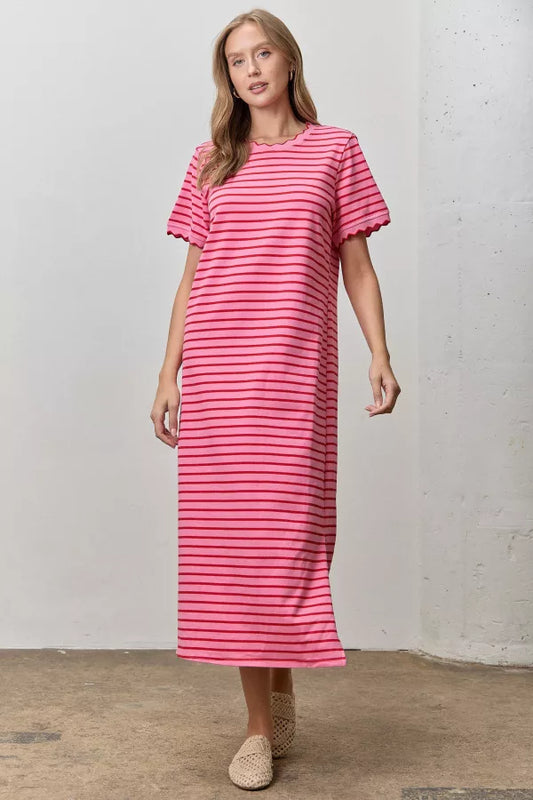 A short-sleeve striped midi t-shirt dress in pink and red featuring a classic crew neckline with scalloped trim and matching scallop-edge sleeve hems.