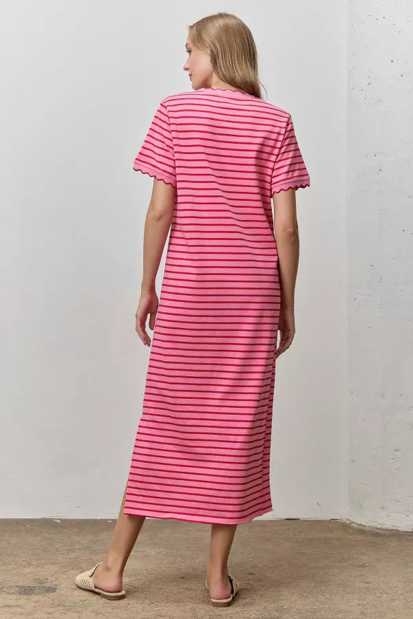 A short-sleeve striped midi t-shirt dress in pink and red featuring a classic crew neckline with scalloped trim and matching scallop-edge sleeve hems.