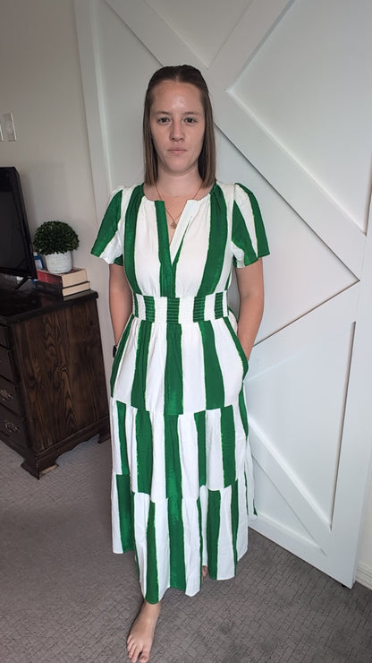 The Cambria Smocked Waist Maxi Dress in Cream + Green Stripe