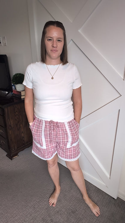 The Nyra Drawstring Short in Pink Plaid