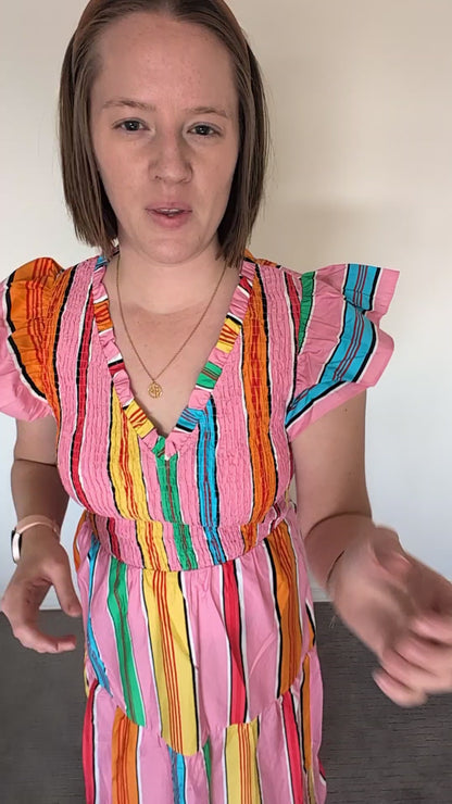 The Tavi Midi Dress in Pink + Multi Stripe