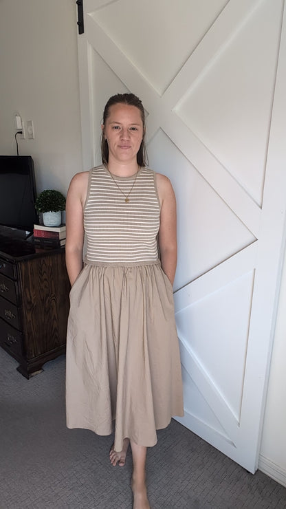 The Taryn Knit Bodice Midi Dress in Taupe + Ivory