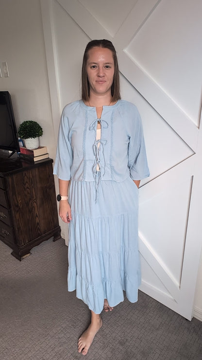 The Elodie Tie Front Blouse & Midi Tiered Skirt Set in Sky