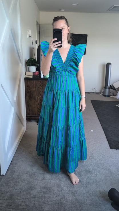 The Calista Tiered Stripe Dress in Green + Blue