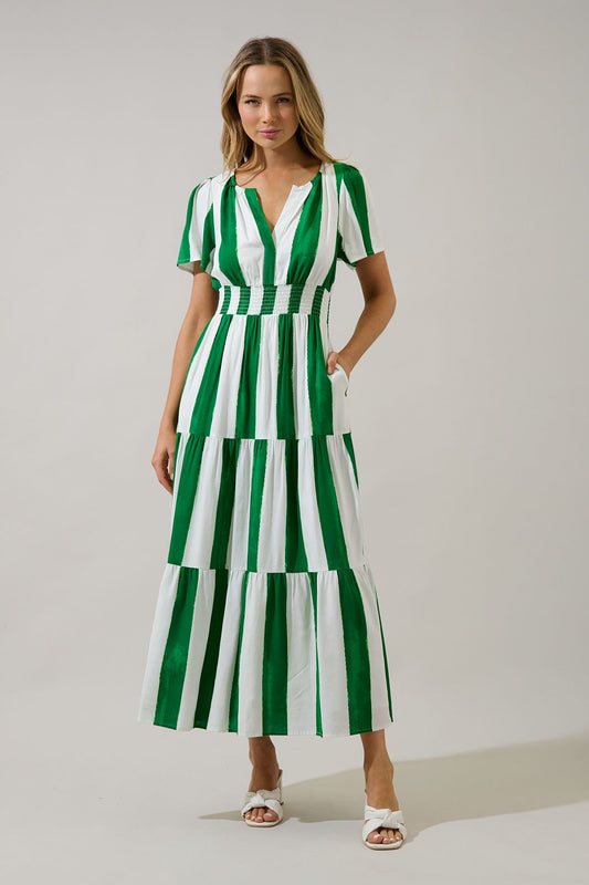 Green and white striped maxi dress with a smocked waist, pockets, and a tiered skirt.   Comes lined with a v-neck. 