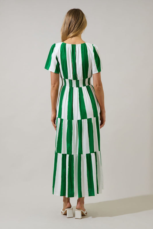 Green and white striped maxi dress with a smocked waist, pockets, and a tiered skirt.   Comes lined with a v-neck. 