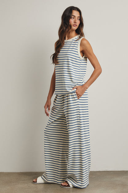 Blue + Cream striped set
Top is a tank with a high rounded collar
The bottoms contain an elastic waist and pockets 