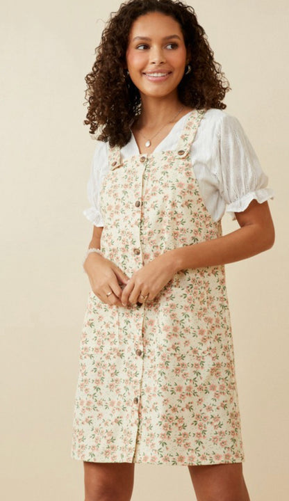 The Floral Overall Dress in Cream.