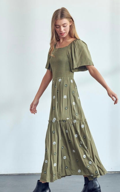The Bridget Embroidered Flower Dress in Green and Cream