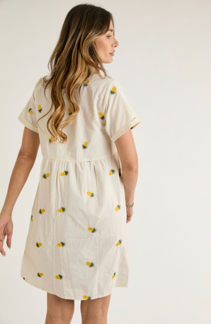 The Embroidered Pineapple Dress in Cream