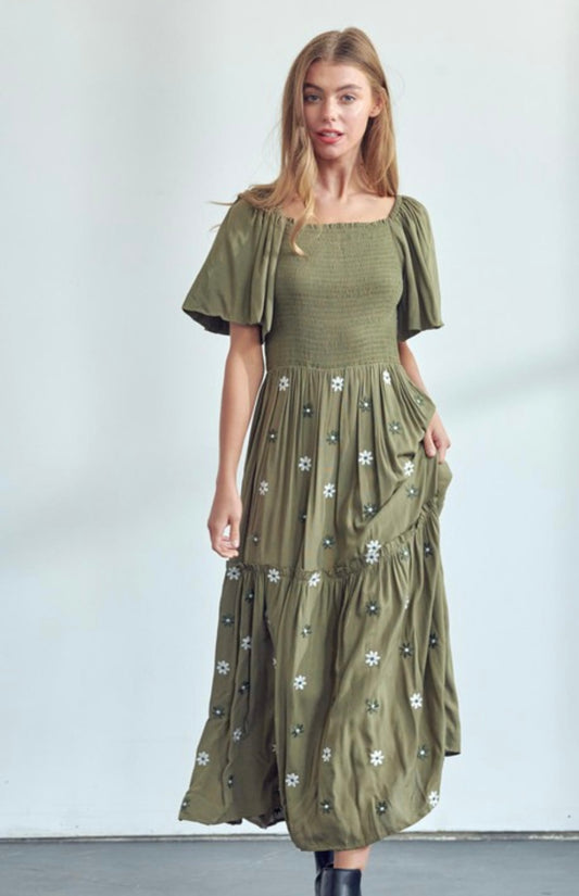 The Bridget Embroidered Flower Dress in Green and Cream