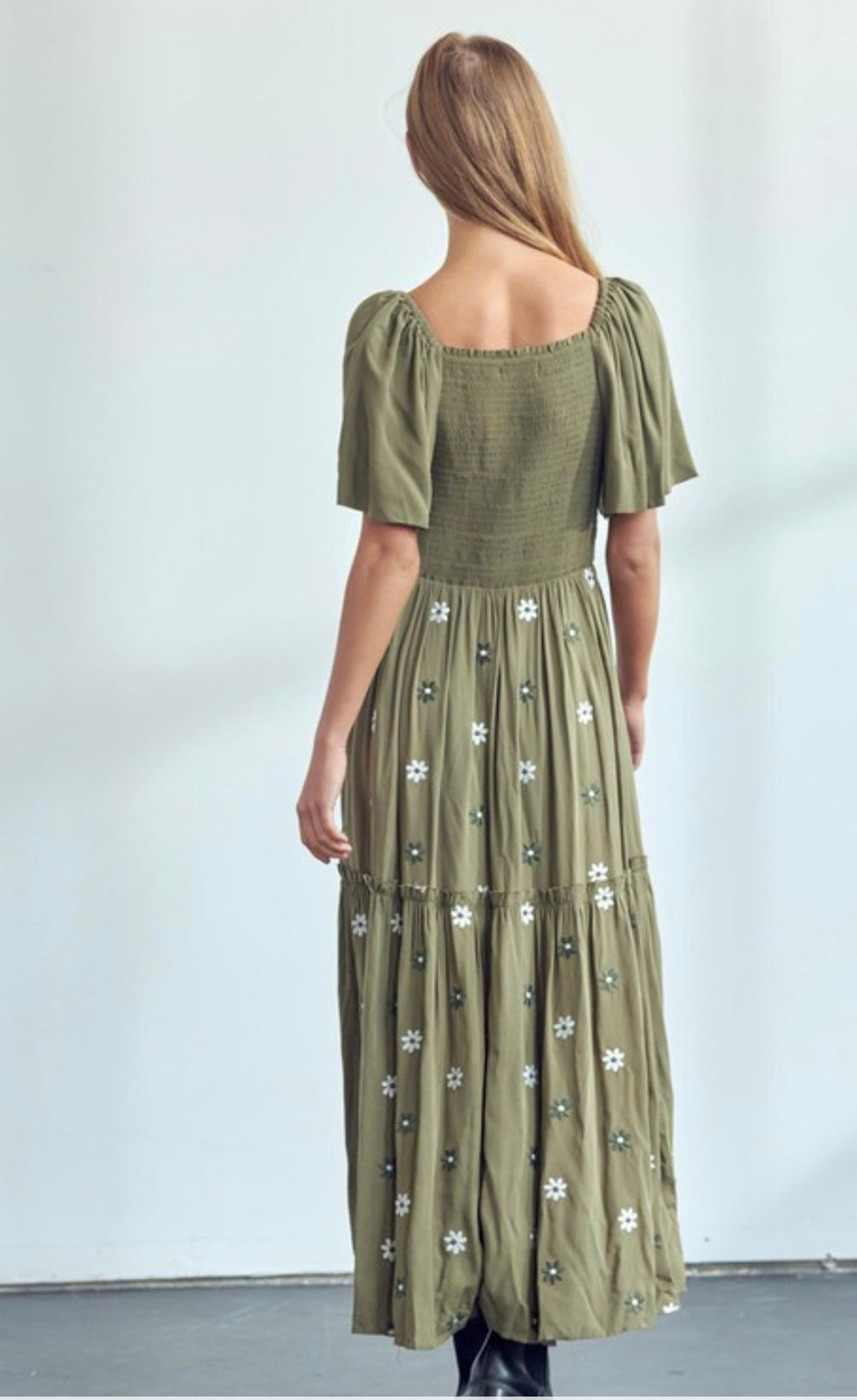 The Bridget Embroidered Flower Dress in Green and Cream Mae Threads Clothing The Bridget Embroidered Flower Dress in Green and Cream Mae Threads Clothing